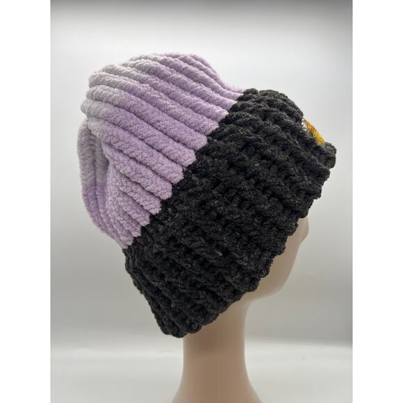 Chunky Chenille Knit Bohemian Embroidered Logo Ski Cap Beanie Hat Purple Large - Picture 3 of 7
